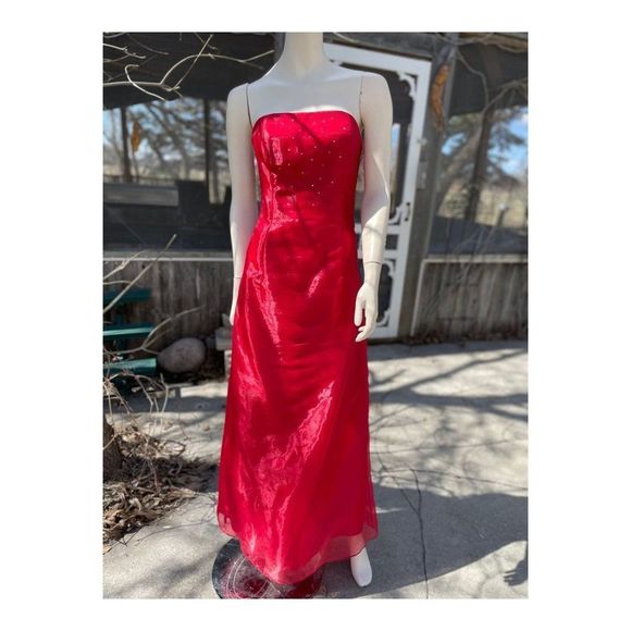 Vintage 90s Jessica McClintock for Gunne Sax Strapless Formal Maxi Dress Red Bea - Picture 16 of 16